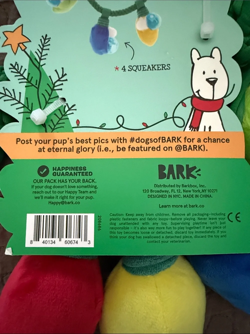 Bark Plush Holiday Light Rope Toy - Green, Blue, Yellow, Red